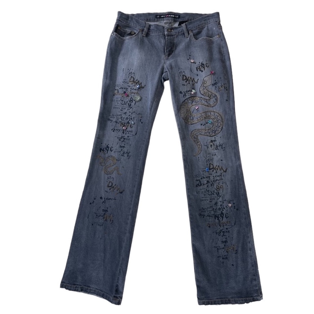 DKNY Gray Wash Printed Graphics/Gems Boot Cut Jeans 9 - Used, Great Cond…